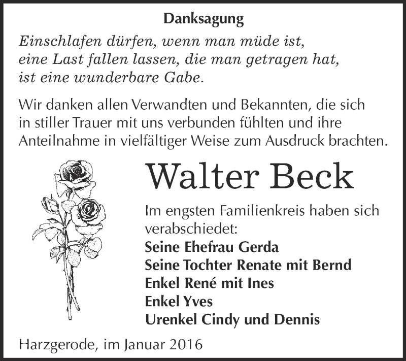  Traueranzeige für Walter Beck vom 16.01.2016 aus WVG - Wochenspiegel Quedlinburg