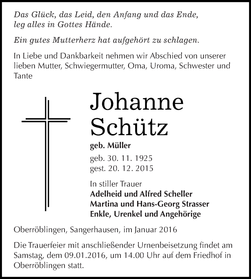  Traueranzeige für Johanne Schütz vom 02.01.2016 aus Super Sonntag SGH Mansf. Land