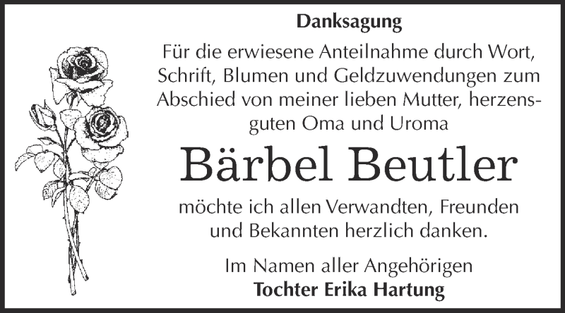  Traueranzeige für Bärbel Beutler vom 16.01.2016 aus WVG - Wochenspiegel Dessau / Köthen