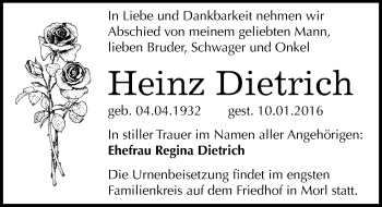 Traueranzeige von Heinz Dietrich von Mitteldeutsche Zeitung Halle/Saalkreis