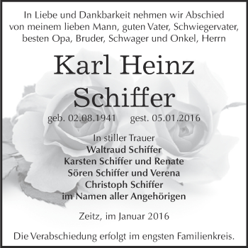 Traueranzeige von Karl Heinz Schiffer von Super Sonntag Zeitz