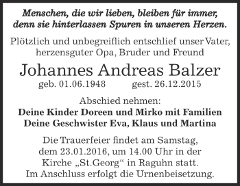 Traueranzeige von Johannes Andreas Balzer von WVG - Wochenspiegel Dessau / Köthen