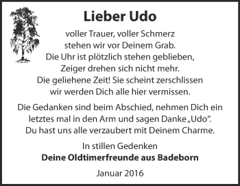 Traueranzeige von Udo  von Super Sonntag Quedlinburg