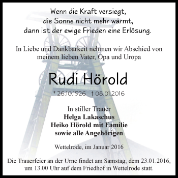 Traueranzeige von Rudi Hörold von Super Sonntag SGH Mansf. Land
