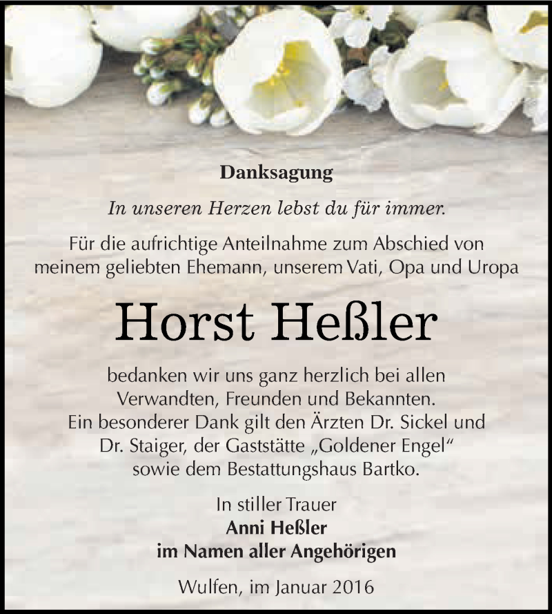  Traueranzeige für Horst Heßler vom 09.01.2016 aus WVG - Wochenspiegel Dessau / Köthen