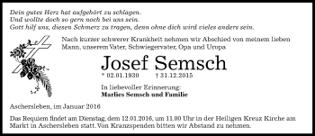 Traueranzeige von Josef Semsch von Mitteldeutsche Zeitung Aschersleben