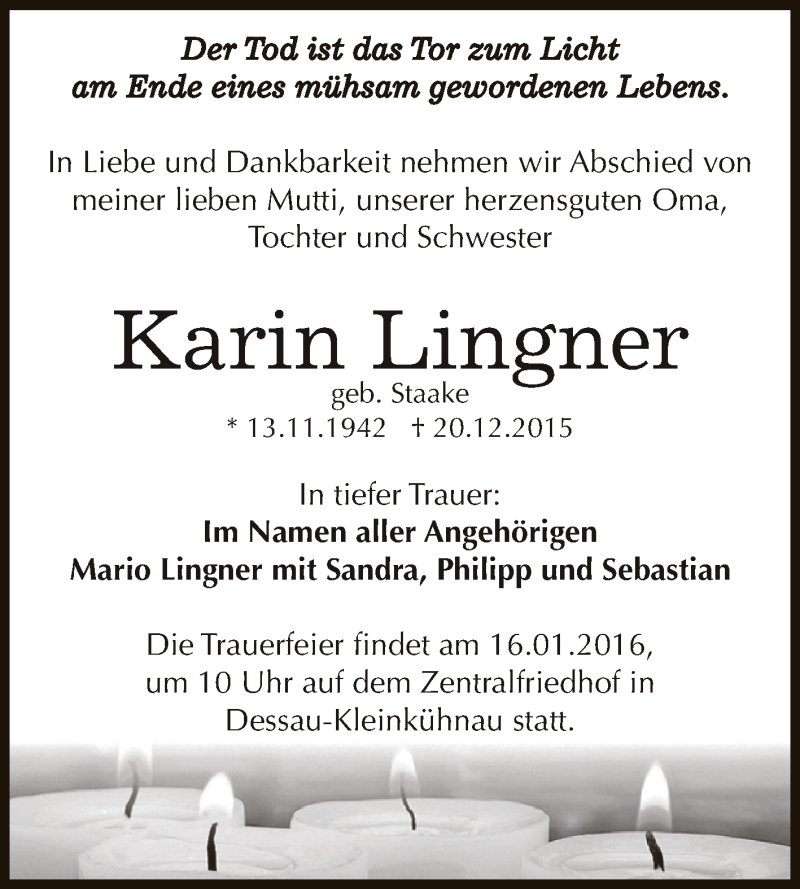 Traueranzeige für Karin Lingner vom 02.01.2016 aus WVG - Wochenspiegel Dessau / Köthen