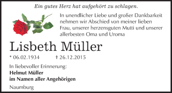 Traueranzeige von Lisbeth Müller von Mitteldeutsche Zeitung Naumburg/Nebra