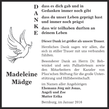 Traueranzeige von Madeleine Mädge von Super Sonntag Bernburg