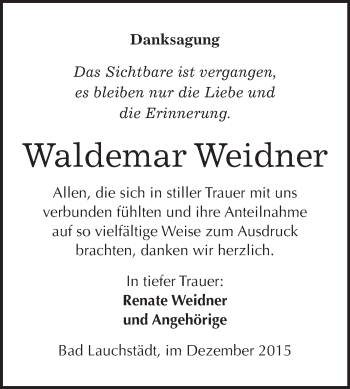 Traueranzeige von Waldemar Weidner von WVG - Wochenspiegel Merseburg