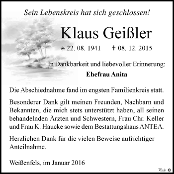 Traueranzeige von Klaus Geißler von WVG - Wochenspiegel NMB / WSF / ZTZ