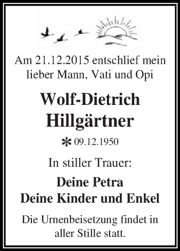 Traueranzeige von Wolf-Dietrich Hillgärtner von WVG - Wochenspiegel Dessau / Köthen
