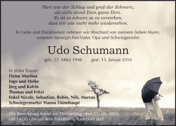 Traueranzeige von Udo Schumann von Mitteldeutsche Zeitung Quedlinburg