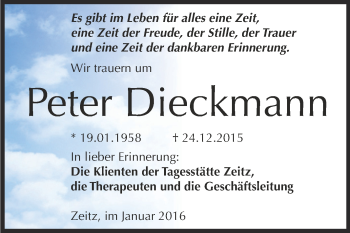 Traueranzeige von Peter Dieckmann von Super Sonntag Zeitz