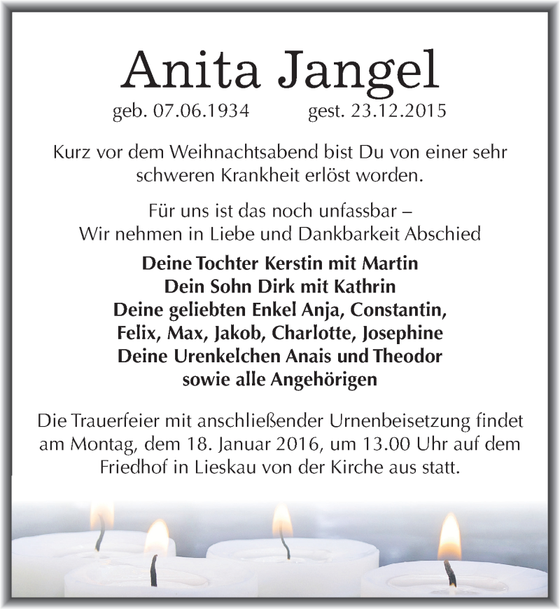  Traueranzeige für Anita Jangel vom 02.01.2016 aus Mitteldeutsche Zeitung Halle/Saalkreis