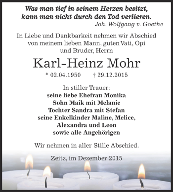 Traueranzeige von Karl-Heinz Mohr von Super Sonntag Zeitz