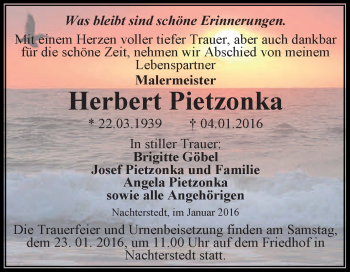 Traueranzeige von Herbert Pietzonka von Super Sonntag Aschersleben