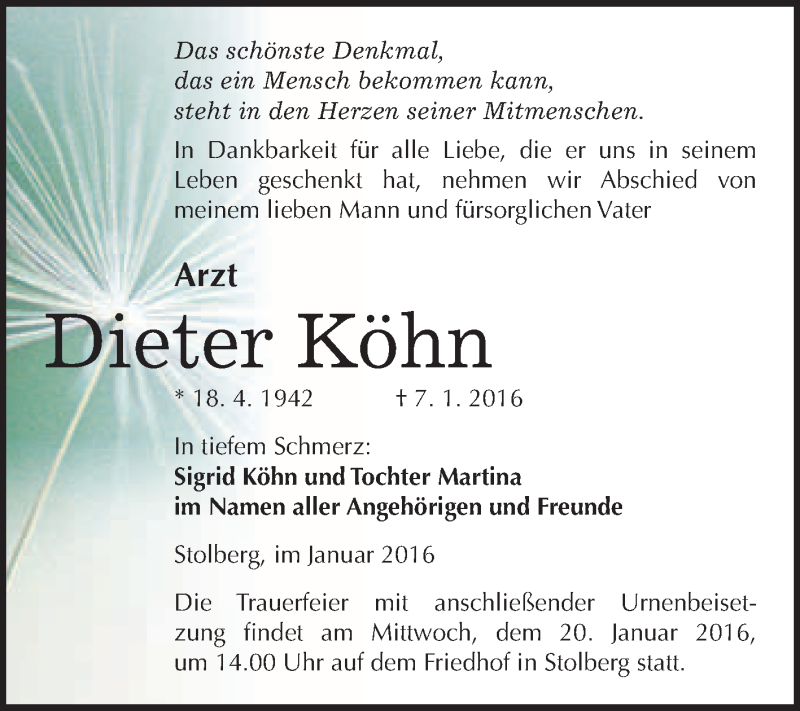  Traueranzeige für Dieter Köhn vom 16.01.2016 aus WVG - Wochenspiegel Quedlinburg