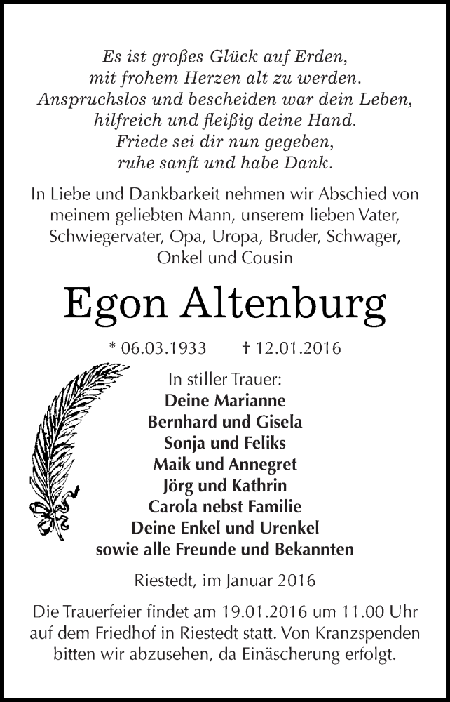  Traueranzeige für Egon Altenburg vom 16.01.2016 aus Super Sonntag SGH Mansf. Land