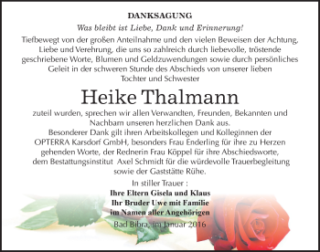 Traueranzeige von Heike Thalmann von Mitteldeutsche Zeitung Naumburg/Nebra