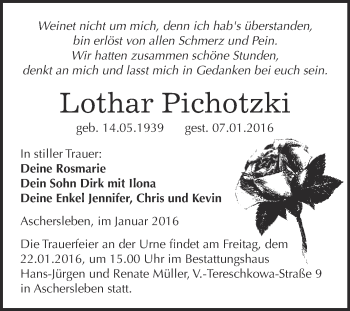 Traueranzeige von Lothar Pichotzki von Super Sonntag Aschersleben