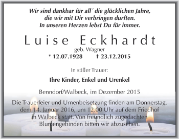 Traueranzeige von Luise Eckhardt von Wochenspiegel Mansfelder Land