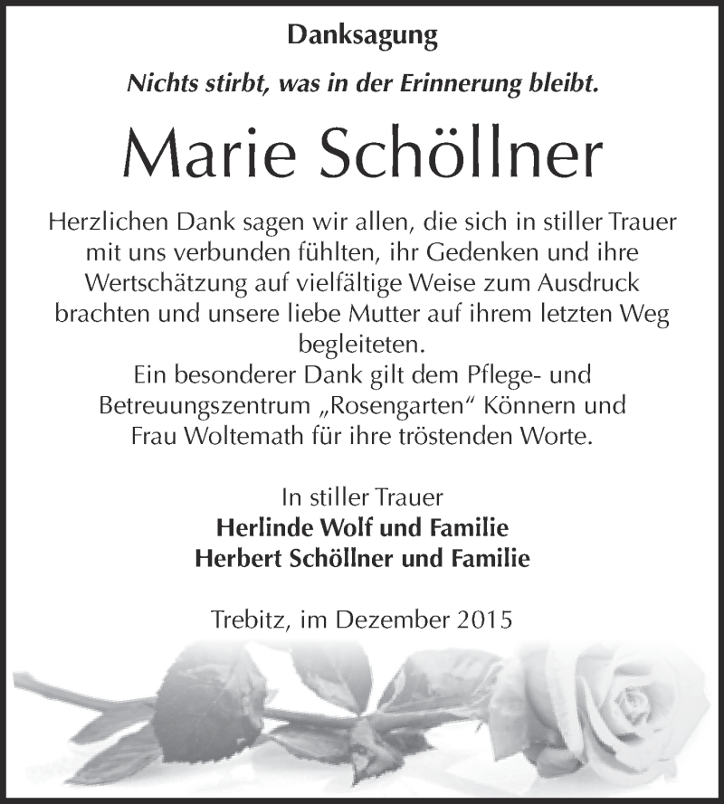  Traueranzeige für Marie Schöllner vom 09.01.2016 aus Super Sonntag Bernburg