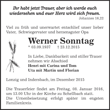 Traueranzeige von Werner Sonntag von Super Sonntag Zeitz