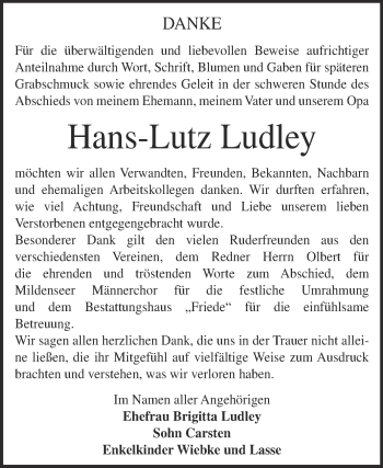 Traueranzeige von Hans-Lutz Ludley von WVG - Wochenspiegel Dessau / Köthen