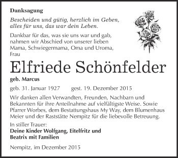 Traueranzeige von Elfriede Schönfelder von Super Sonntag Merseburg