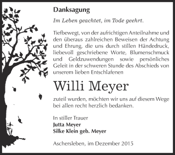 Traueranzeige von Willi Meyer von Super Sonntag Aschersleben