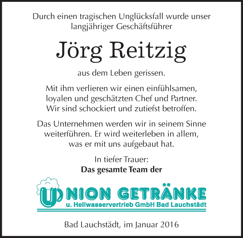  Traueranzeige für Jörg Reitzig vom 13.01.2016 aus Mitteldeutsche Zeitung Merseburg/Querfurt