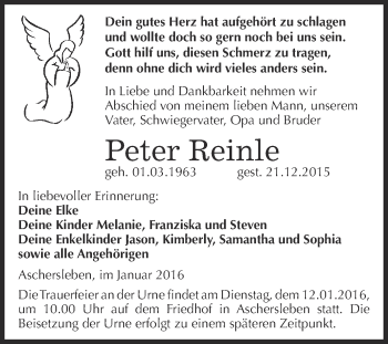 Traueranzeige von Peter Reinle von Super Sonntag Aschersleben