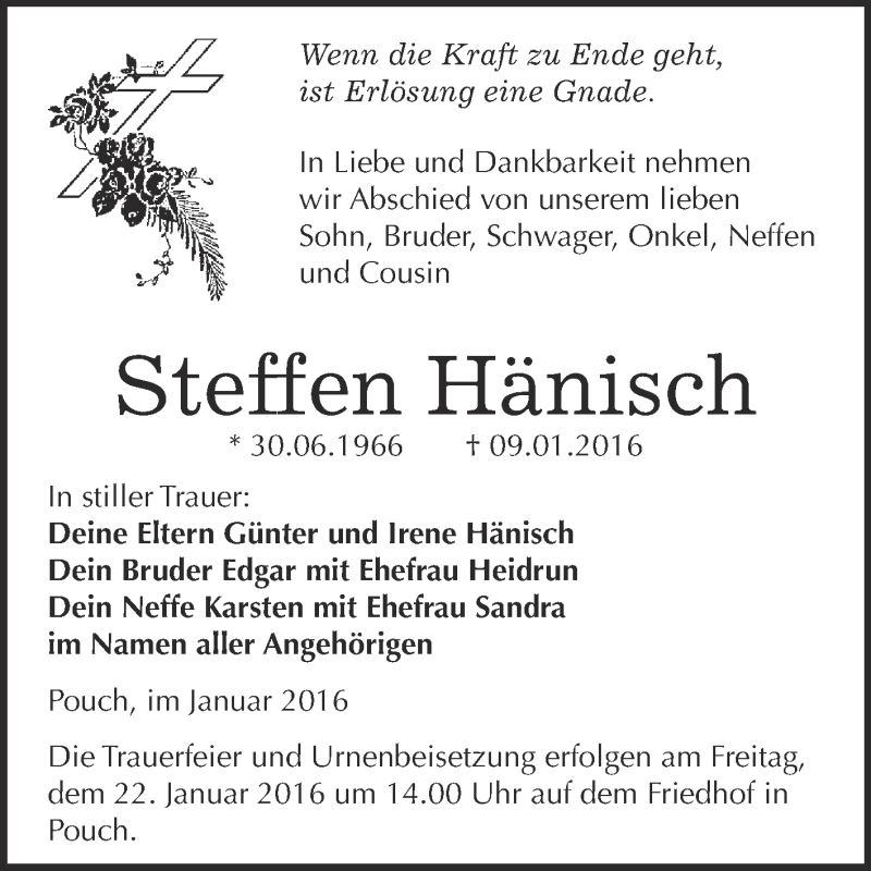  Traueranzeige für Steffen Hänisch vom 20.01.2016 aus WVG - Wochenspiegel Bitterfeld
