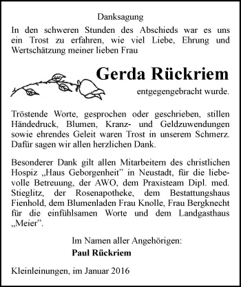 Traueranzeige von Gerda Rückriem von Mitteldeutsche Zeitung Sangerhausen