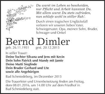 Traueranzeige von Bernd Dimler von WVG - Wochenspiegel Wittenberg