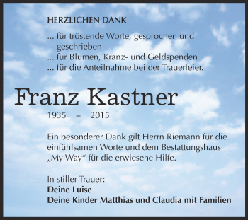 Traueranzeige von Franz Kastner von WVG - Wochenspiegel NMB / WSF / ZTZ