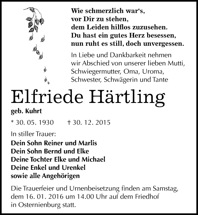  Traueranzeige für Elfriede Härtling vom 06.01.2016 aus Mitteldeutsche Zeitung Köthen
