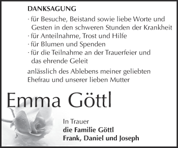 Traueranzeige von Emma Göttl von WVG - Wochenspiegel Dessau / Köthen