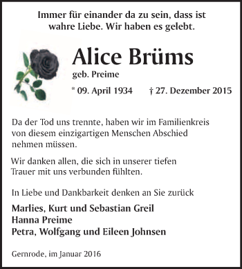 Traueranzeige von Alice Brüms von WVG - Wochenspiegel Quedlinburg
