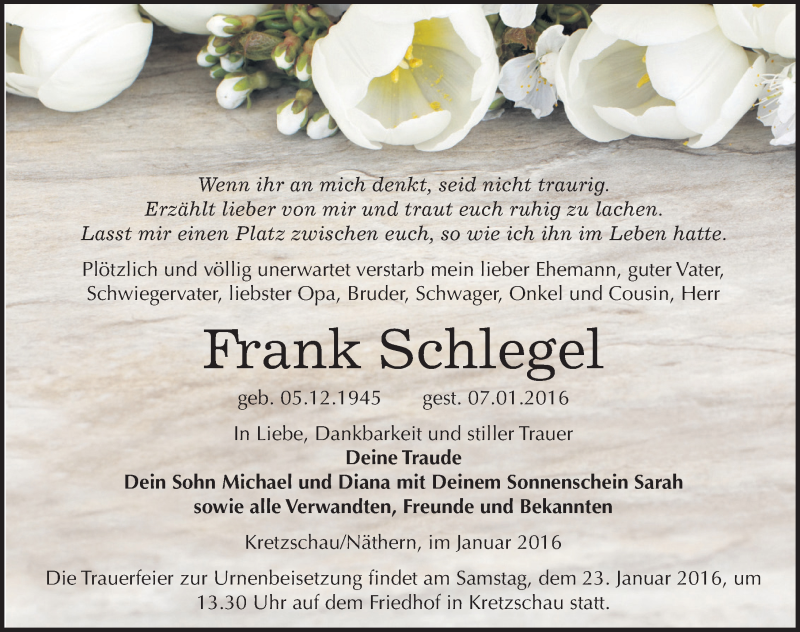  Traueranzeige für Frank Schlegel vom 12.01.2016 aus Mitteldeutsche Zeitung Zeitz