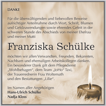 Traueranzeige von Franziska Schülke von WVG - Wochenspiegel Dessau / Köthen