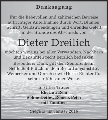 Traueranzeige von Dieter Dreilich von Super Sonntag Bernburg