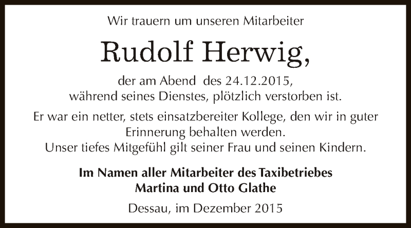  Traueranzeige für Rudolf Herwig vom 02.01.2016 aus Super Sonntag Dessau / Köthen