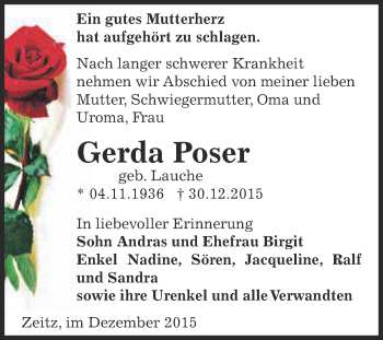 Traueranzeige von Gerda Poser von Super Sonntag Zeitz