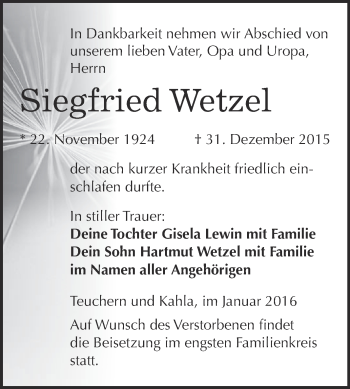 Traueranzeige von Siegfried Wetzel von WVG - Wochenspiegel NMB / WSF / ZTZ