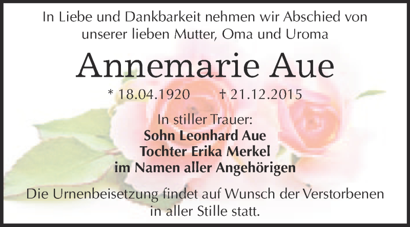  Traueranzeige für Annemarie Aue vom 02.01.2016 aus WVG - Wochenspiegel Merseburg