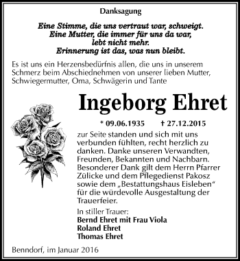 Traueranzeige von Ingeborg Ehret von Mitteldeutsche Zeitung Mansfelder Land