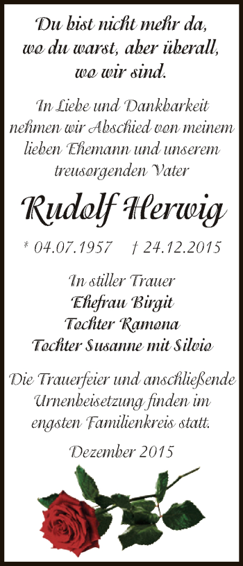 Traueranzeige von Rudolf Herwig von WVG - Wochenspiegel Dessau / Köthen
