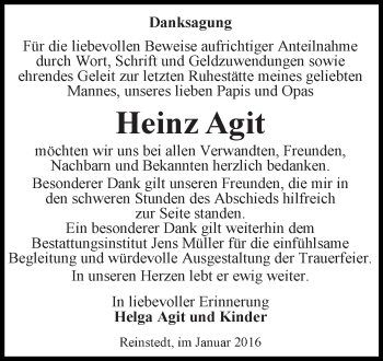Traueranzeige von Heinz Agit von Super Sonntag Aschersleben